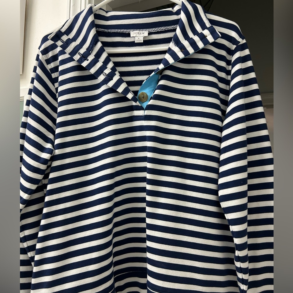 NEW! J Crew navy/white striped lightweight sweatshirt with button up collar